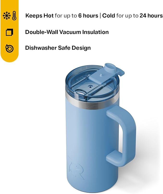 RTIC 20oz Road Trip Travel Mug with Lid and Handle, Insulated, Stainless Steel, Metal, Double Wall Vacuum-Insulation, Ceramic Lined, Portable Coffee, Tea Cup for Hot and Cold Drink, Denim - Image 3