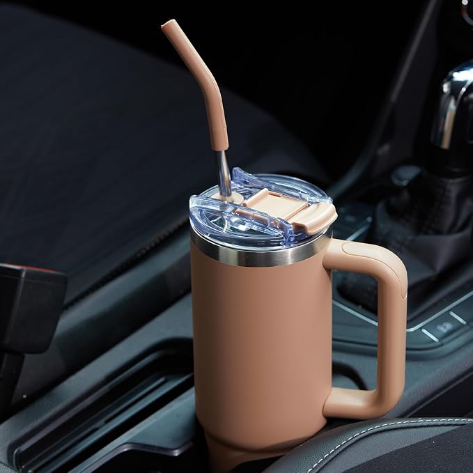 40 oz Tumbler with Handle and Straw Lid,Insulated Reusable Stainless Steel Water Bottle Travel Mug，Cupholder Friendly Double Wall Vacuum Sealed Cup (Mocha) - Image 5