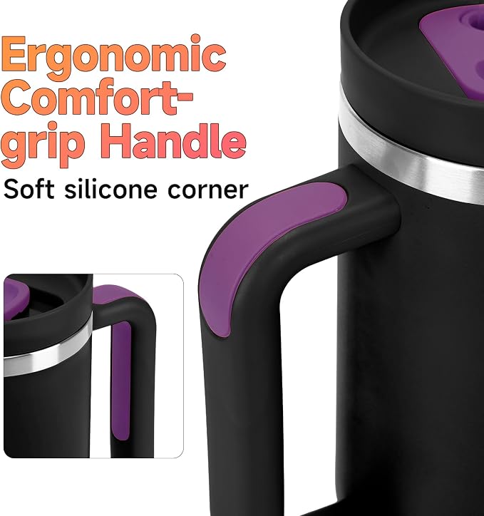 40oz Tumbler with Handle and Straw Spout 2-in-1 Lid, Spill Leak Proof Insulated Travel Cup Traveler Water Mug Keep Cold Hot, Dishwasher Safe Stainless Steel Bottle Gifts for Women Men, Black Purple - Image 6