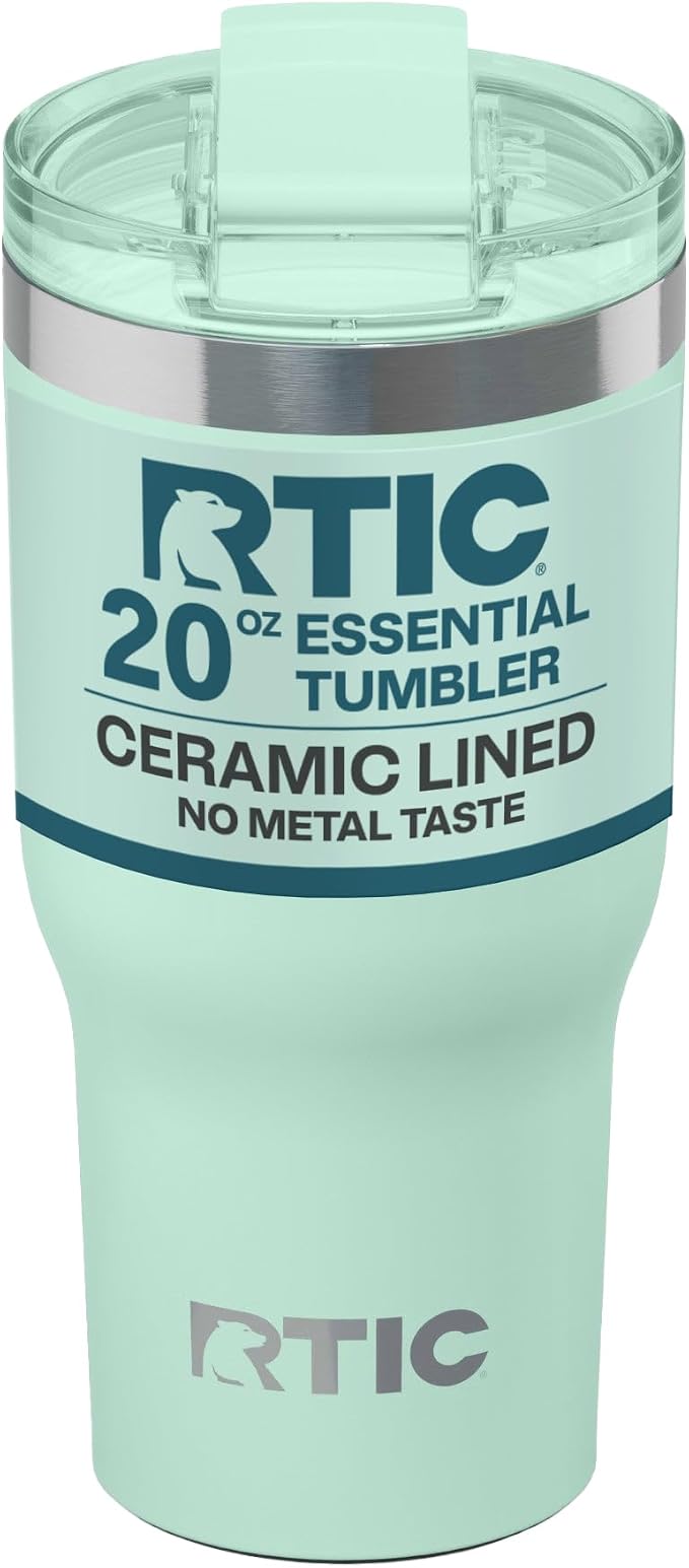 RTIC 20oz Essential Tumbler with Lid, Ceramic Lined, Insulated, Stainless Steel, Metal, Double Wall Vacuum-Insulation, Travel Cup for Iced Coffee, Tea, Hot and Cold Drink, Fresh Mint by RTIC