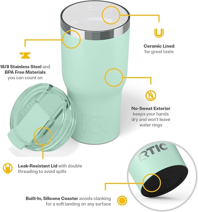 RTIC 20oz Essential Tumbler with Lid, Ceramic Lined, Insulated, Stainless Steel, Metal, Double Wall Vacuum-Insulation, Travel Cup for Iced Coffee, Tea, Hot and Cold Drink, Fresh Mint - Image 4