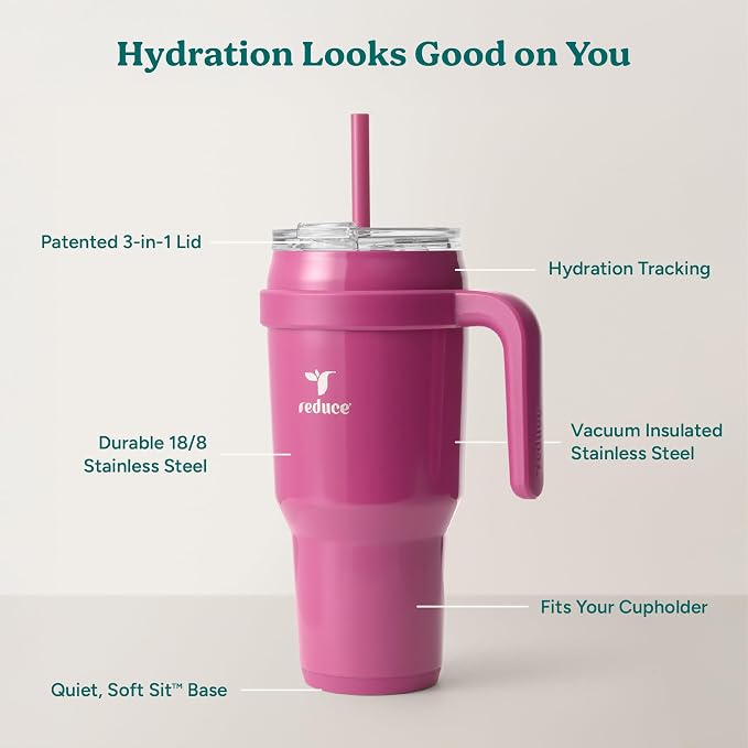 REDUCE 40 oz Stainless Steel Tumbler with Handle - Dual-Wall Vacuum Insulated Travel Mug, Sweat-Proof Lid & Reusable Straw - Keeps Drinks Cold for 24 Hrs, Fits Cupholders, Dishwasher Safe - Sangria - Image 4