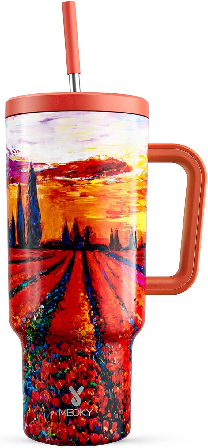Meoky 40 oz Tumbler with Handle and Straw: Stainless Steel Insulated Tumbler with Lid and Straw - 100% Leak Proof Tumbler for Car Cup Holders - Travelers Commuters Workers, Red Floral by MEOKY
