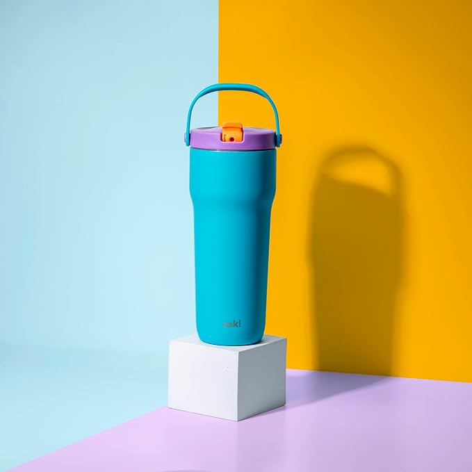Zak Designs Sutton Travel Tumbler for On the Go, 30oz Stainless Steel with Vacuum Insulation, Straw Spout, Carry Handle for Cold Drinks (Turquoise) - Image 7