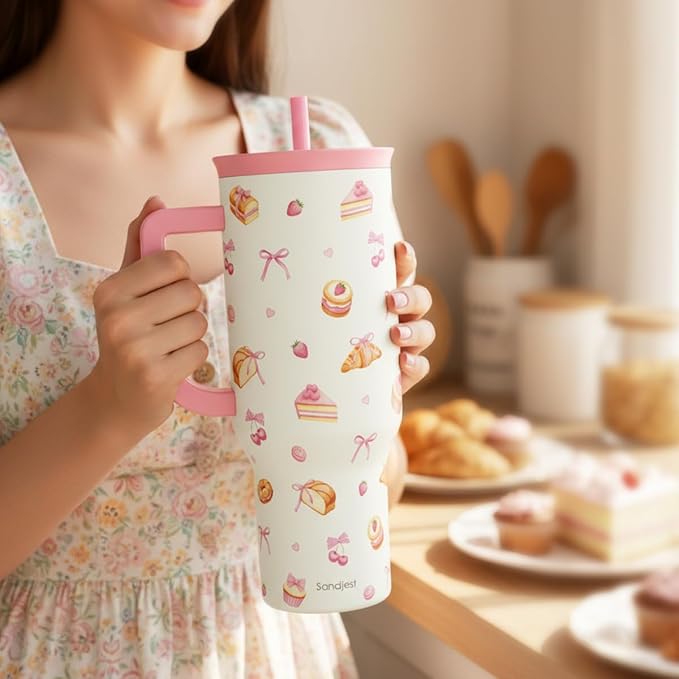 SANDJEST Dessert 40oz Tumbler with Handle and Straw, Insulated Stainless Steel Travel Coffee Mug for Women Girls, Gift Idea for Birthday Christmas Mothers Day - Image 6