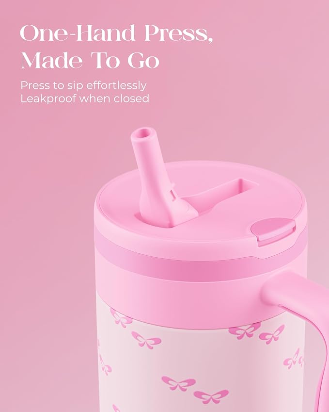 40 oz Insulated Tumbler with Handle and Push-Button Straw Lid, Stainless Steel Travel Cup for Gym Office Leakproof, BPA-Free, Cup Holder Friendly, Bow Silicone Boot, Pink (Coquette Bubblegum) - Image 3