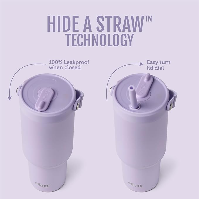 Ello Oasis Go+ 26oz Tumbler with Top Handle and Retracting Straw | Reusable Insulated Stainless Steel Cup, 100% Leakproof Water Bottle, 24 Hours Cold, Cup Holder Friendly For Travel | Orchid - Image 2