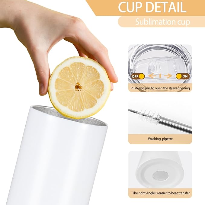 16 Pack Sublimation Tumblers Edge Blanks Skinny Straight Bulk 20 oz, Stainless Steel Double Wall Insulated Tumbler with Straw & Lids for Heat Transfer, White - Image 3