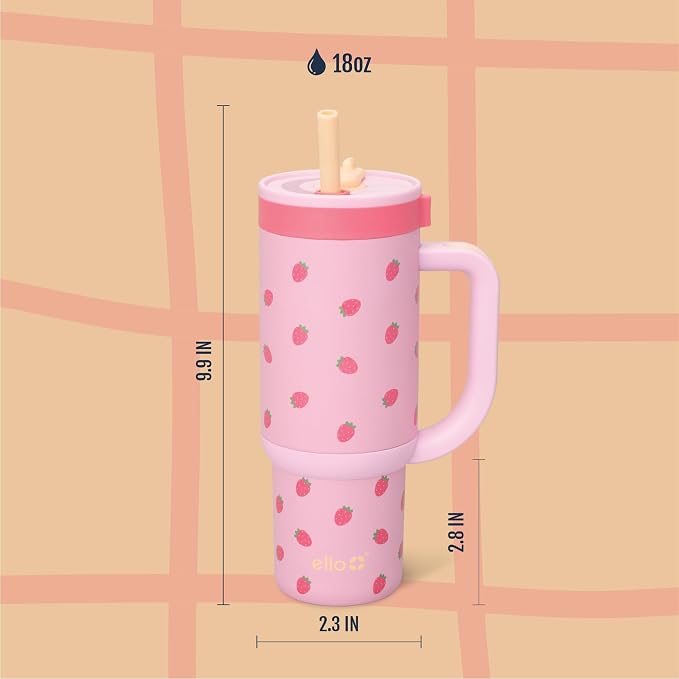 Ello Oasis 18oz Stainless Steel Kids Tumbler with Handle & Retracting Straw, 100% Leakproof, Double-Wall Vacuum Insulated, Kids Water Bottle for School, BPA Free + Dishwasher Safe, Strawberries - Image 7