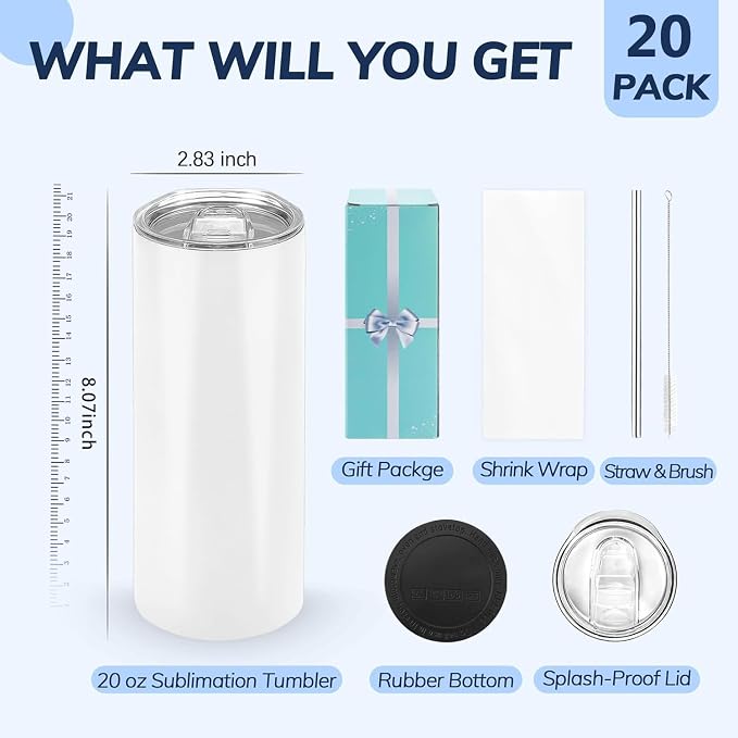 D·S 20 Pack Sublimation Tumblers 20 oz Bulk Skinny Straight Flat Bottom Blank Tumbler Cups with Individual Gift Boxed for Heat Transfer DIY Craft - Image 2