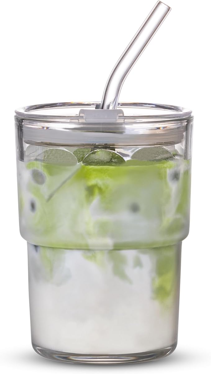 BLUEPOLAR 13oz/400ml Tumbler Water Glass, Cups with Straw and Lid Sealed Carry on for Coffee, Iced Tea, Thick Wall Insulated Glass Cup(white) by BLUEPOLAR
