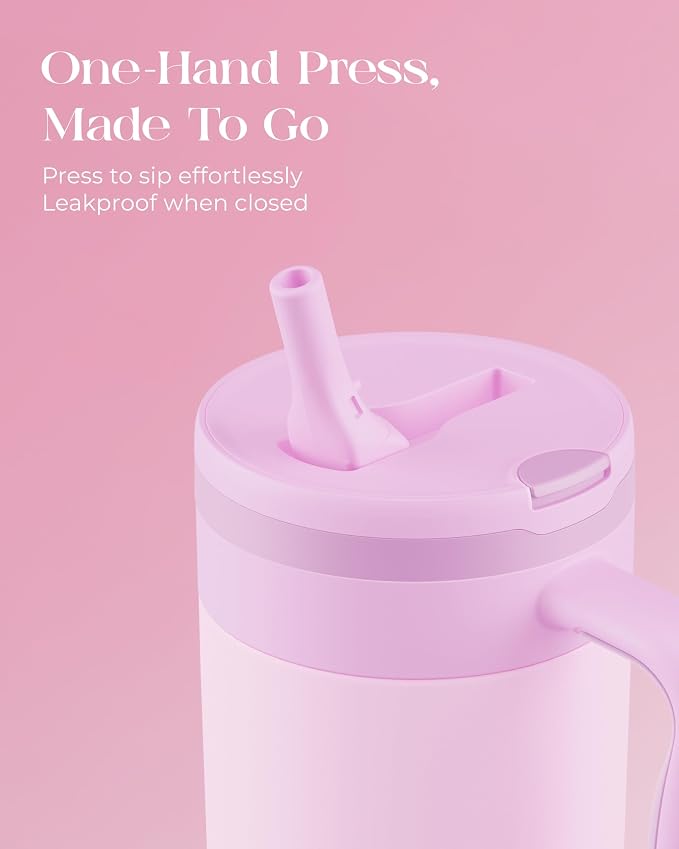40 oz Insulated Tumbler with Handle and Push-Button Straw Lid, Stainless Steel Travel Cup for Gym Office, Leakproof, BPA-Free, Cup Holder Friendly, Bow Silicone Boot, Purple (Light Lilac) - Image 3