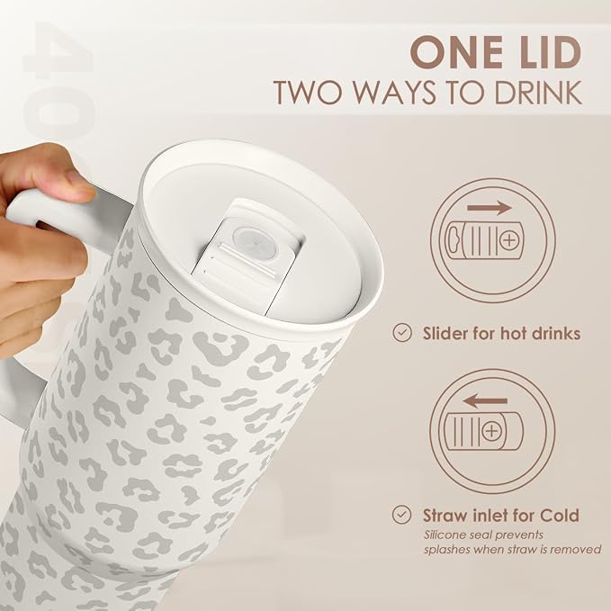 SANDJEST Leopard Tumbler with Handle, Insulated Cup Stainless Steel Travel Mug Cup, Gifts for Women Girl on Birthday Christmas, Cream Leopard, 40oz - Image 5