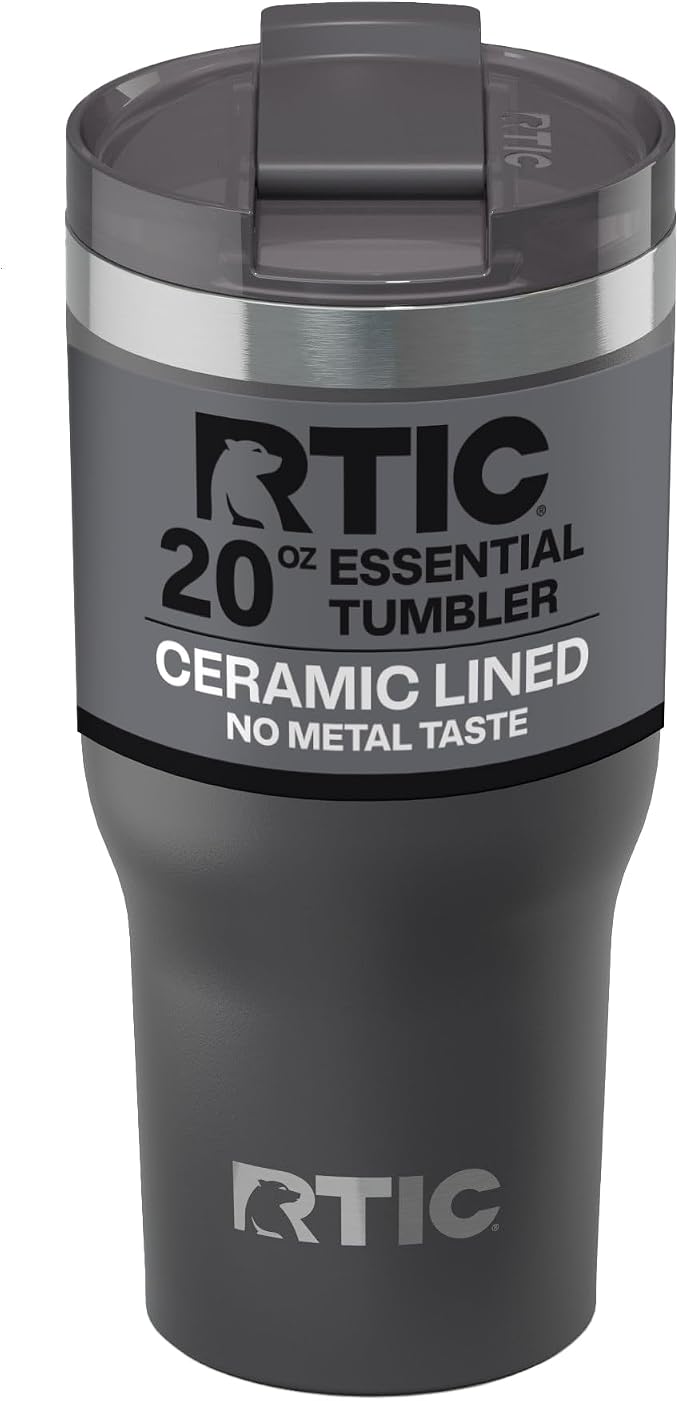 RTIC 20oz Essential Tumbler with Lid, Ceramic Lined, Insulated, Stainless Steel, Metal, Double Wall Vacuum-Insulation, Travel Cup for Iced Coffee, Tea, Hot and Cold Drink, Graphite by RTIC