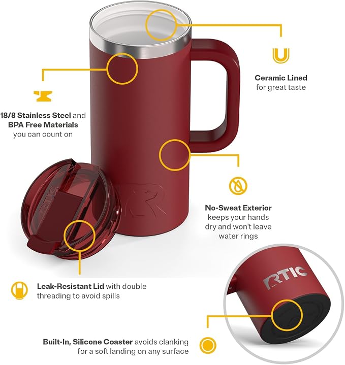 RTIC 16oz Road Trip Travel Mug with Lid and Handle, Insulated, Stainless Steel, Metal, Double Wall Vacuum-Insulation, Ceramic Lined, Portable Coffee, Tea Cup for Hot and Cold Drink, Black Cherry - Image 3