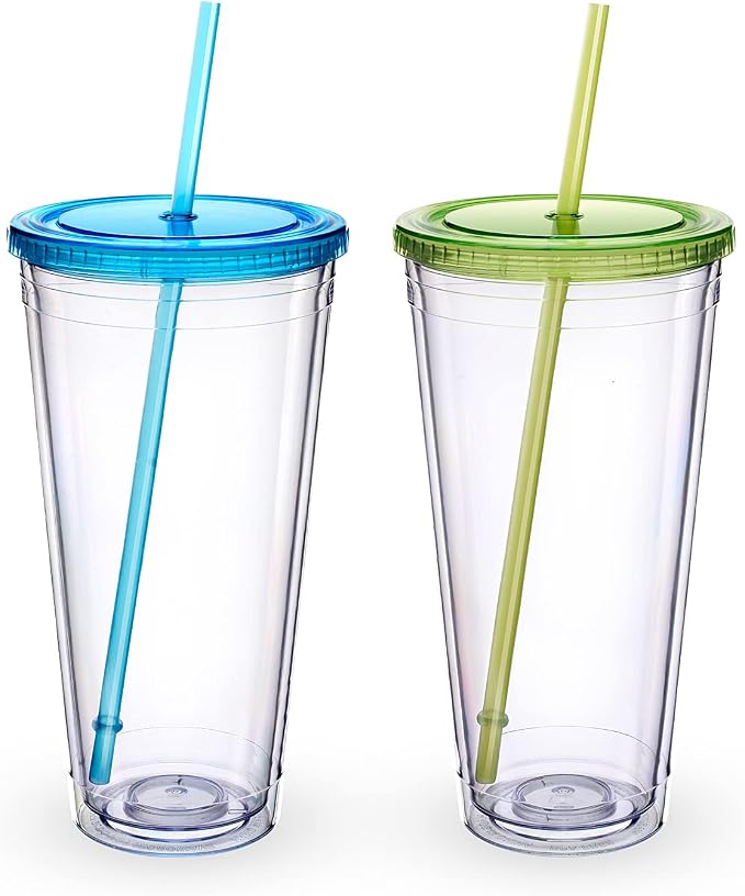 Zukro Clear Acrylic Tumbler with Straw and Lid 32 oz, Double Walled Insulated Reusable Plastic Iced Coffee Cup, To Go Cup Perfect for Parties, Birthdays, Fit in Cupholder, BPA Free, 2 Pack by ZukroDrinkware