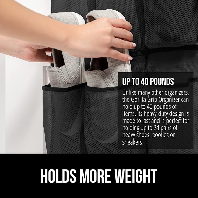 GORILLA GRIP Over the Door Shoe Organizer, 24 Large Breathable Mesh Pockets - Image 3