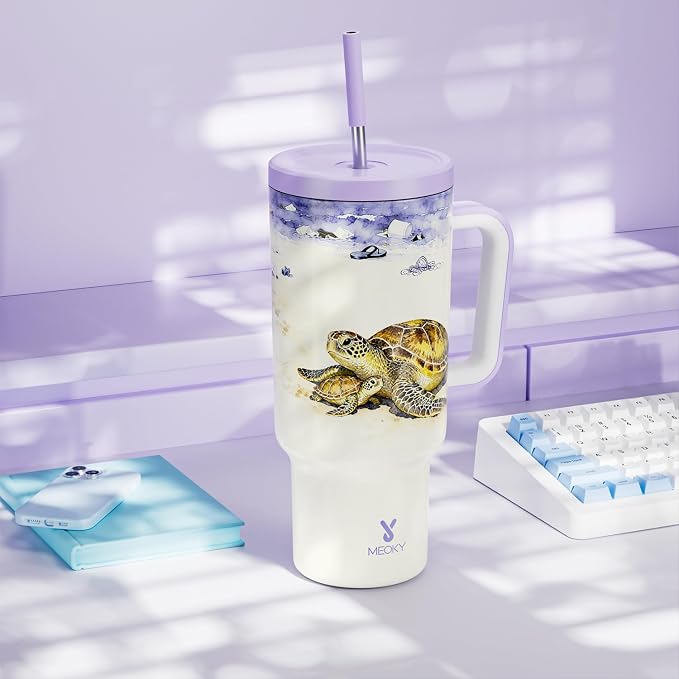 Meoky 40 oz Tumbler with Handle and Straw: Stainless Steel Insulated Tumbler with Lid and Straw - 100% Leak Proof Tumbler for Car Cup Holders - Travelers Commuters Workers, Sea Turtle - Image 7