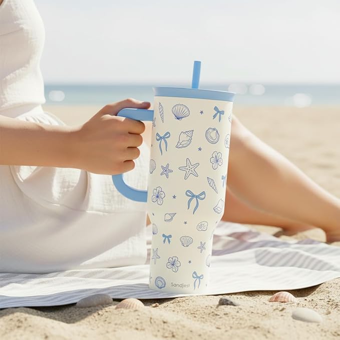 SANDJEST Coastal 40oz Tumbler with Handle and Straw, Insulated Stainless Steel Travel Coffee Mug for Women Girls, Gift Idea for Birthday Christmas Mothers Day - Image 7