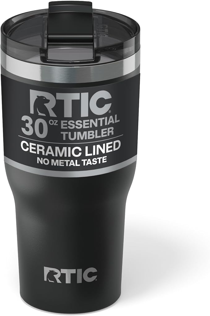 RTIC 30oz Essential Tumbler with Lid, Ceramic Lined, Insulated, Stainless Steel, Metal, Double Wall Vacuum-Insulation, Travel Cup for Iced Coffee, Tea, Hot and Cold Drink, Black by RTIC