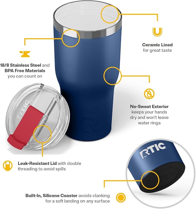 RTIC 30oz Essential Tumbler with Lid, Ceramic Lined, Insulated, Stainless Steel, Metal, Double Wall Vacuum-Insulation, Travel Cup for Iced Coffee, Tea, Hot and Cold Drink, Patriot - Image 3