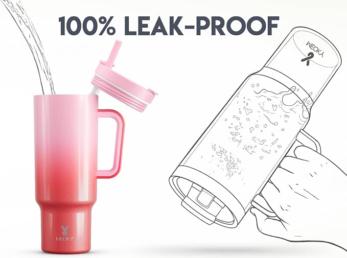 Meoky 40 oz Tumbler with Handle and Flip Straw, 100% Leakproof Tumbler with Lid and Straw, Stainless Steel Insulated Cup, Cupholder Friendly, Keeps Cold for 34 Hours (Flamingo) - Image 3
