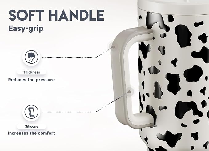 Meoky 40 oz Tumbler with Handle and Straw, Tumbler with Lid and Straw, Insulated Stainless Steel Travel Mug, 100% Leak-proof, Keeps Cold for 34 Hours or Hot for 10 Hours (Cow) - Image 4