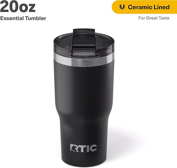 RTIC 20oz Essential Tumbler with Lid, Ceramic Lined, Insulated, Stainless Steel, Metal, Double Wall Vacuum-Insulation, Travel Cup for Iced Coffee, Tea, Hot and Cold Drink, Black - Image 2