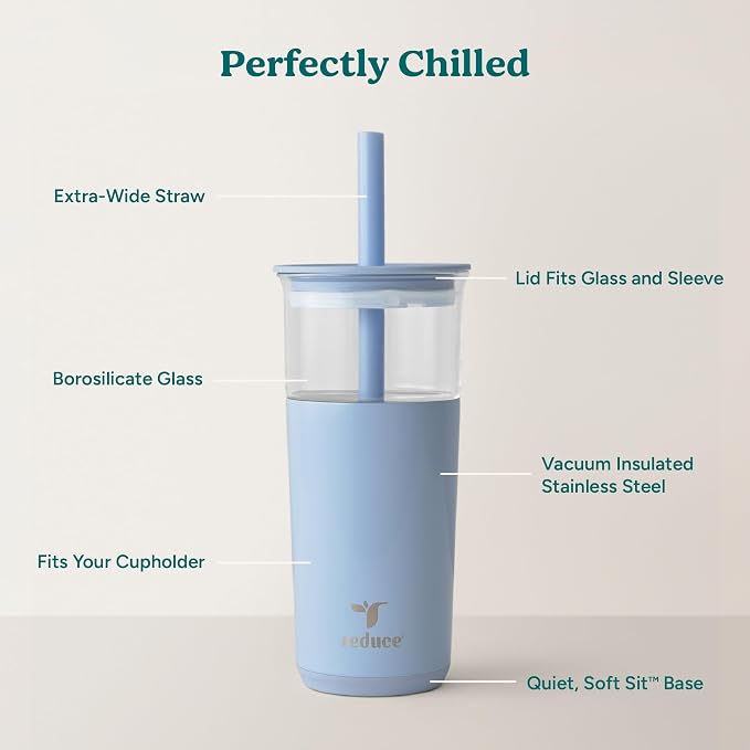 REDUCE Aspen 20 oz Vacuum Insulated Glass Tumbler with Lid & Extra Wide Straw - Keeps Drinks Cold for 12 Hrs - Ideal for Iced Coffee, Smoothies & Boba - Dishwasher Safe, Soft Base - Glacier - Image 3