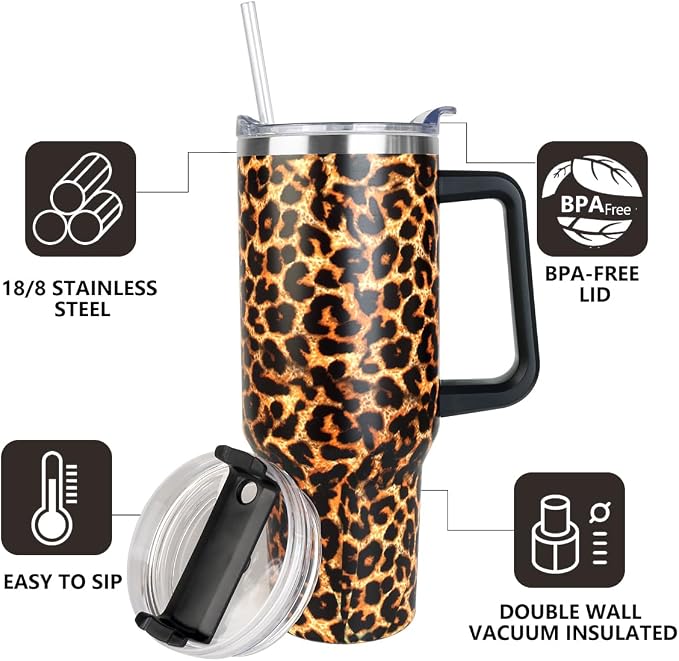 SYACOT 40 oz Tumbler with Handle and Straw Stainless Steel Insulated Tumbler Leak Proof Lid and Straw Lid Reusable Travel Mug Coffee Mug Cup Dishwasher Safe Keep Drinks Cold and Hot (Leopard) - Image 4