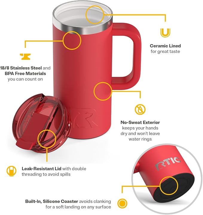 RTIC 16oz Road Trip Travel Mug with Lid and Handle, Ceramic Lined, Insulated, Stainless Steel, Metal, Double Wall Vacuum-Insulation, Portable Coffee, Tea Cup for Hot and Cold Drink, Flag Red - Image 3