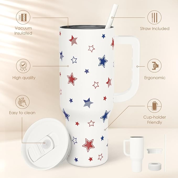 SANDJEST American Flag 40oz Tumbler with Handle and Straw, Insulated Stainless Steel Travel Coffee Mug for Women Girls, Gift Idea for Birthday Christmas 4th of July (Star) - Image 2