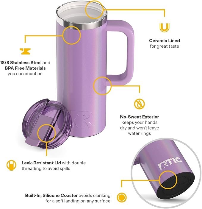RTIC 20oz Road Trip Travel Mug with Lid and Handle, Ceramic Lined, Insulated, Stainless Steel, Metal, Double Wall Vacuum-Insulation, Portable Coffee, Tea Cup for Hot and Cold Drink, Lavender Glitter - Image 3