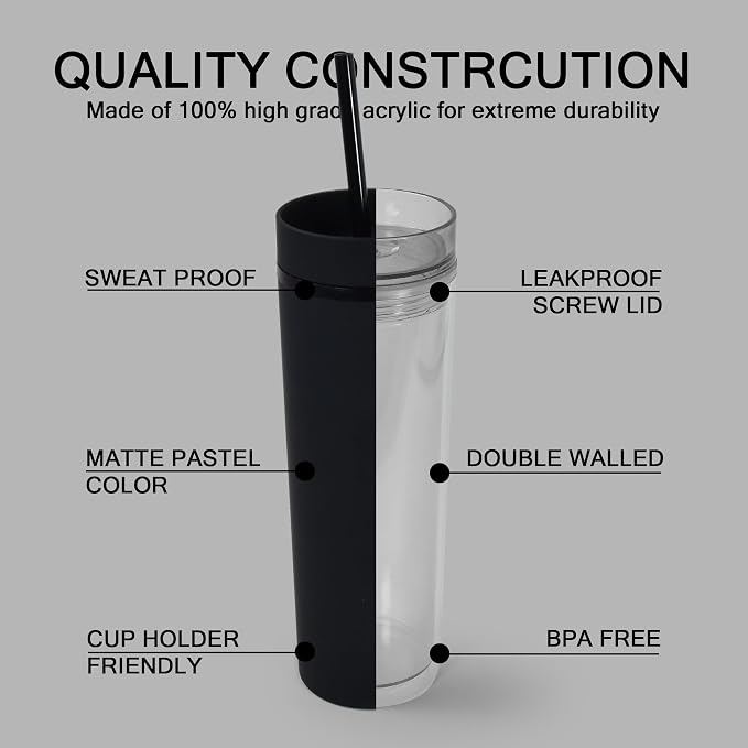 sweet grain Skinny Tumblers with Lids and Straws(6 Pack) - 16oz Matte Pastel Colored Skinny Acrylic Tumblers, Double Wall Plastic Tall Skinny Tumblers Bulk for Cold Hot Drinks - Black - Image 3