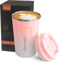 YINBAOGE Insulated Travel Coffee Mug, Spill & Leak Proof, Portable To Go Camping Stainless Steel Coffee Tumbler, Reusable Thermal Coffee Cup with Lid for Hot & Cold Drinks (2nd-Pink White, 12 OZ) by YINBAOGE