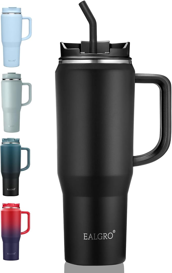 EALGRO 40 oz Tumbler with Handle, Insulated Tumblers with Lid and Straw, Large Metal Sports Water Bottle Jug, Thermal Stainless Steel Travel Coffee Mug Cup, Black by EALGRO