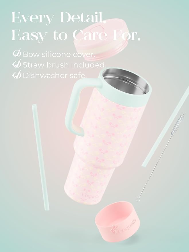 40 oz Insulated Tumbler with Handle and Push-Button Straw Lid, Stainless Steel Travel Cup for Gym Office, Leakproof, BPA-Free, Cup Holder Friendly, Bow Silicone Boot, Pink (Coquette Bloom) - Image 6