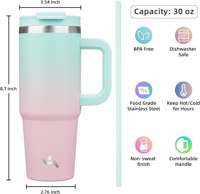 Konokyo 30 oz Tumbler with Handle and 2 Straws,2 in 1 Lid Insulated Water Bottle Stainless Steel Travel Coffee Mug,Gum - Image 4