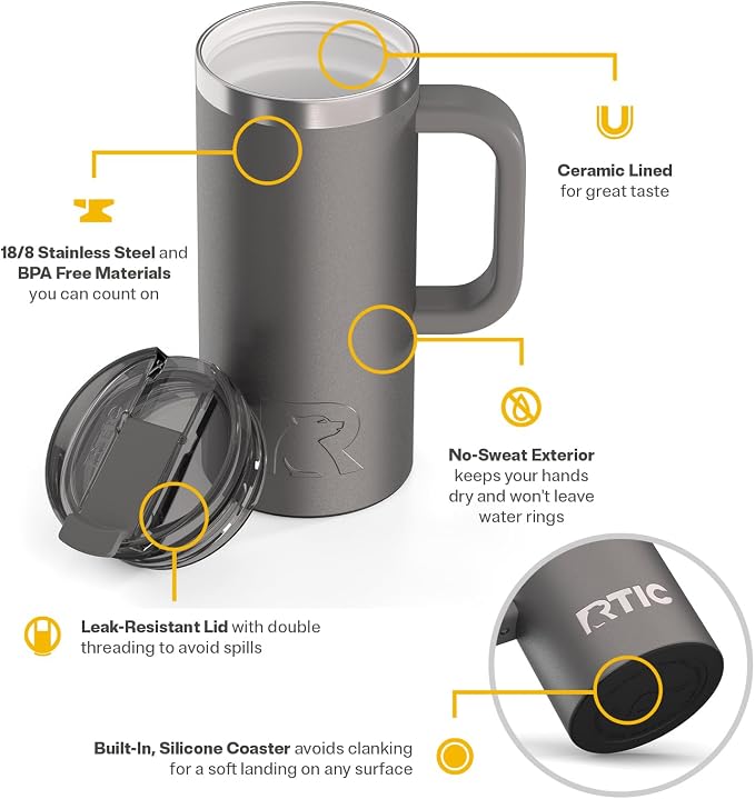 RTIC 16oz Road Trip Travel Mug with Lid and Handle, Ceramic Lined, Insulated, Stainless Steel, Metal, Double Wall Vacuum-Insulation, Portable Coffee, Tea Cup for Hot and Cold Drink, Graphite - Image 3