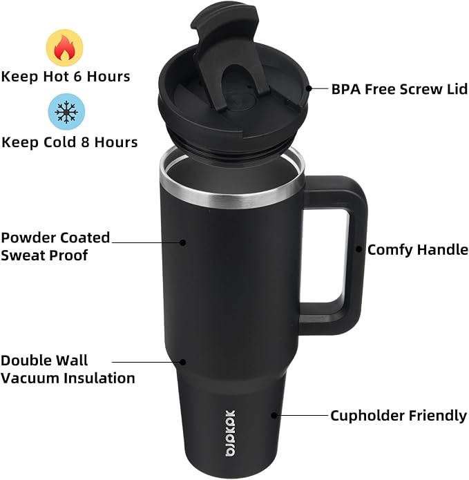 BJPKPK 40 oz Tumbler With Handle Insulated Tumblers With Lid And Straw Stainless Steel Thermal Cup,Black - Image 2