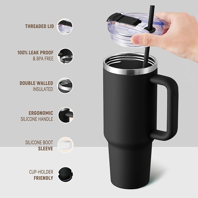 COKTIK 40 oz Tumbler With Handle and Straw, Insulated Tumbler With Leakproof Lids, Stainless Steel|BPA-Free, Cold for 24 H (Black) - Image 3