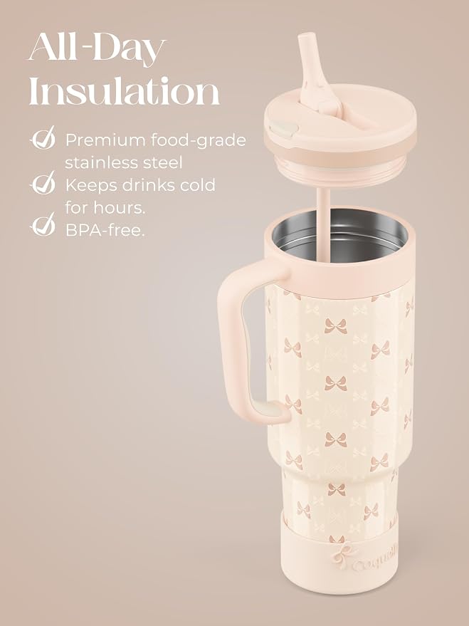 40 oz Insulated Tumbler with Handle and Push-Button Straw Lid, Stainless Steel Travel Cup for Gym Office, Leakproof, BPA-Free, Cup Holder Friendly, Bow Silicone Boot, Cream (Bow Cream) - Image 4