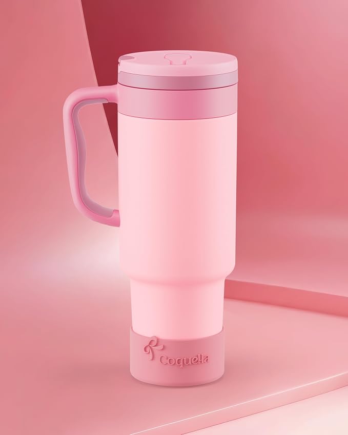 40 oz Insulated Tumbler with Handle and Push-Button Straw Lid, Stainless Steel Travel Cup for Gym Office, Leakproof, BPA-Free, Cup Holder Friendly, Bow Silicone Boot, Pink (Rose Quartz) - Image 2