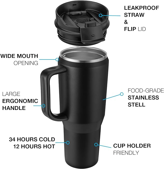 EALGRO 40 oz Tumbler with Handle, Insulated Tumblers with Lid and Straw, Large Metal Sports Water Bottle Jug, Thermal Stainless Steel Travel Coffee Mug Cup, Dark Rainbow - Image 3
