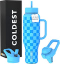 Coldest Tumbler with Handle and Straw - 100% Leak Proof Insulated Tumbler with Lid and Straw (3 Lids) - Stainless Steel Tumblers for Women & Men - Cup Holder Friendly Base, 46 oz (Blue Checkers) by Coldest