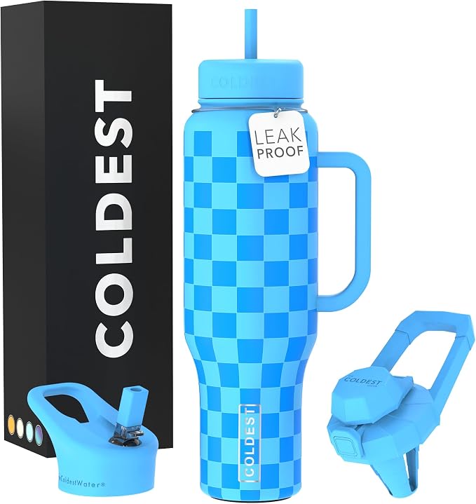 Coldest Tumbler with Handle and Straw - 100% Leak Proof Insulated Tumbler with Lid and Straw (3 Lids) - Stainless Steel Tumblers for Women & Men - Cup Holder Friendly Base, 46 oz (Blue Checkers) by Coldest