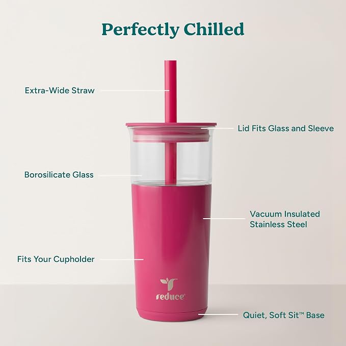 REDUCE Aspen 20 oz Vacuum Insulated Glass Tumbler with Lid & Extra Wide Straw - Keeps Drinks Cold for 12 Hrs - Ideal for Iced Coffee, Smoothies & Boba - Dishwasher Safe, Soft Base - Dragonfruit - Image 3