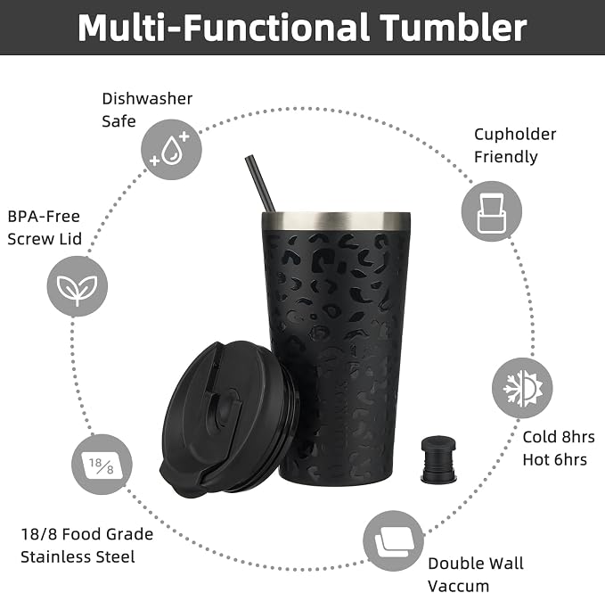 BJPKPK 18oz Insulated Tumbler With lid And Straw Stainless Steel Tumblers Travel Coffee Mug Reusable Thermal Cup,Black Leopard - Image 3