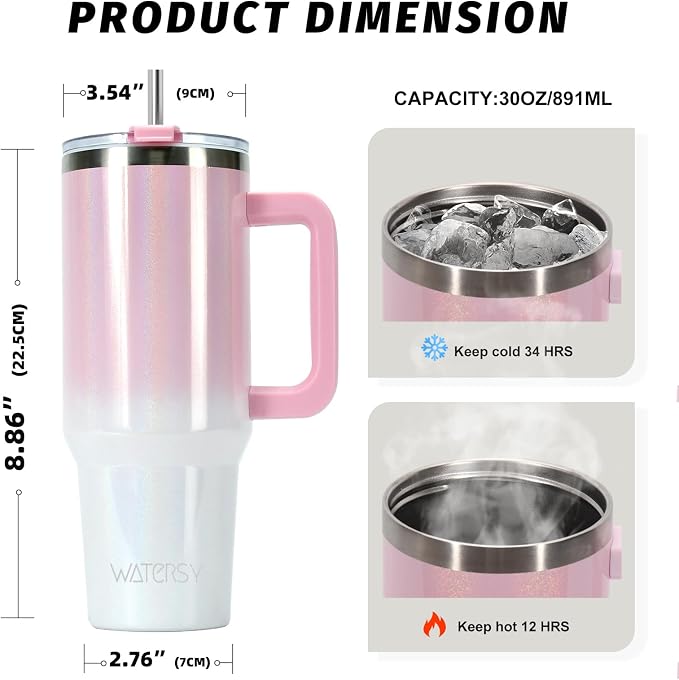 30 oz Shiny Tumbler with Handle and Straw,Stainless Steel Tumbler with Lid and Straw,Insulated Travel Mug(Cold for 34 Hours),Water Bottle for Iced Tea,Coffee (Pink) - Image 3