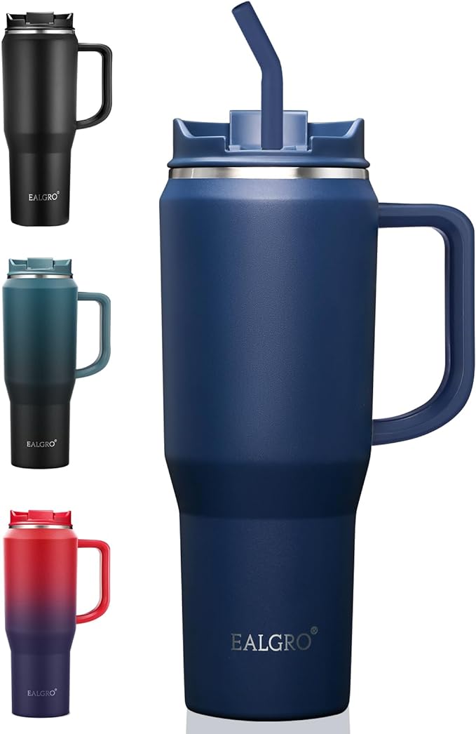 EALGRO Insulated Coffee Mug Cup with Lid, 40 oz Tumbler with Handle and Straw, Double walled Stainless Steel Coffee Tumbler, Thermal Water Bottle Jug, Navy Blue by EALGRO